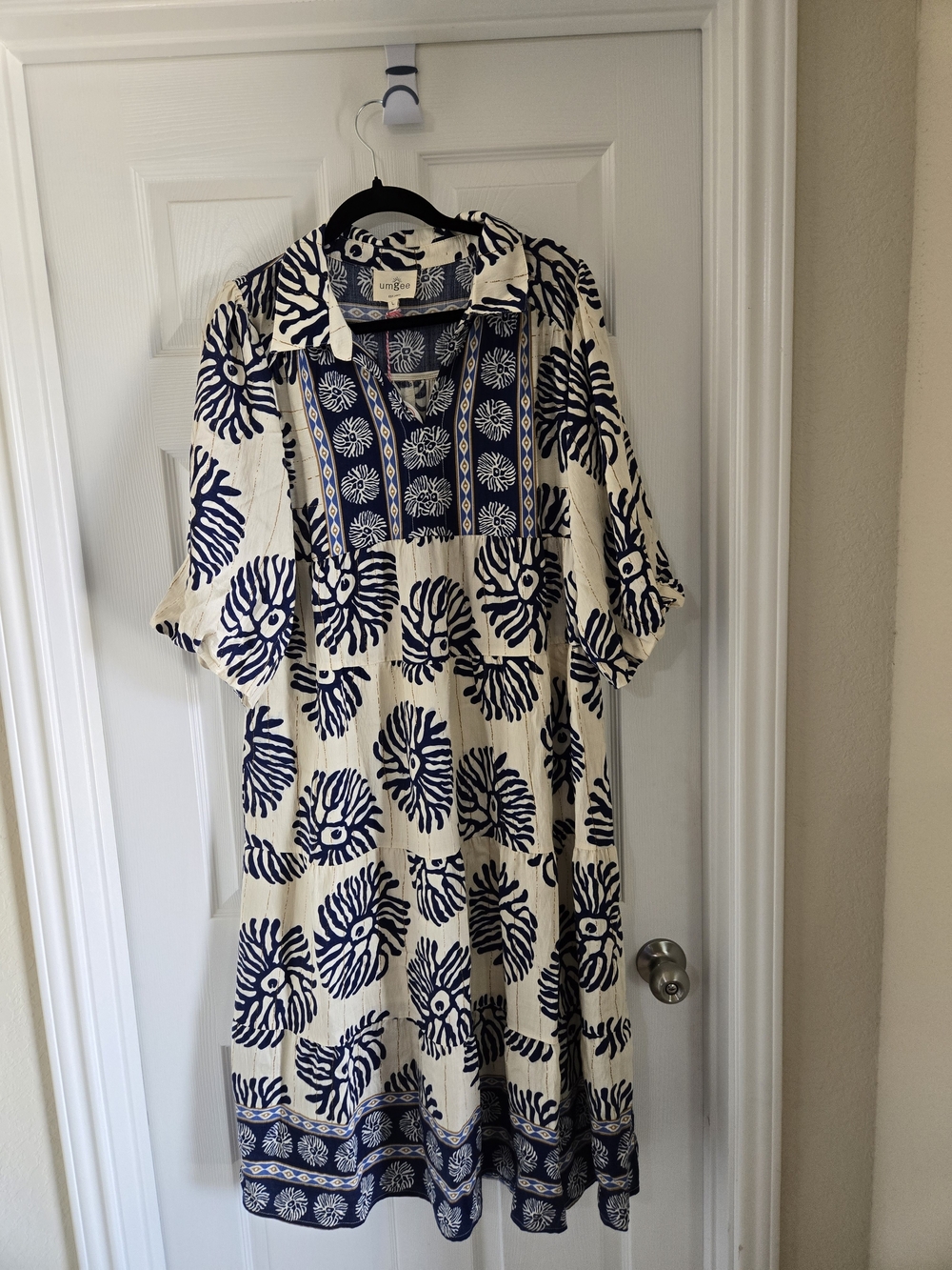 Umgee Navy and White Printed Midi Dress